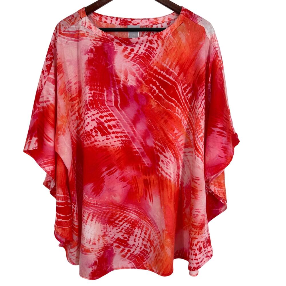 Chicos Large L/XL 2/3 Tropical Red/Orange Kimono Style Blouse Shirt Top Beach